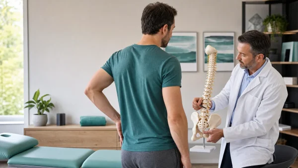 Médico explicando la anatomía de la columna con un modelo durante una consulta