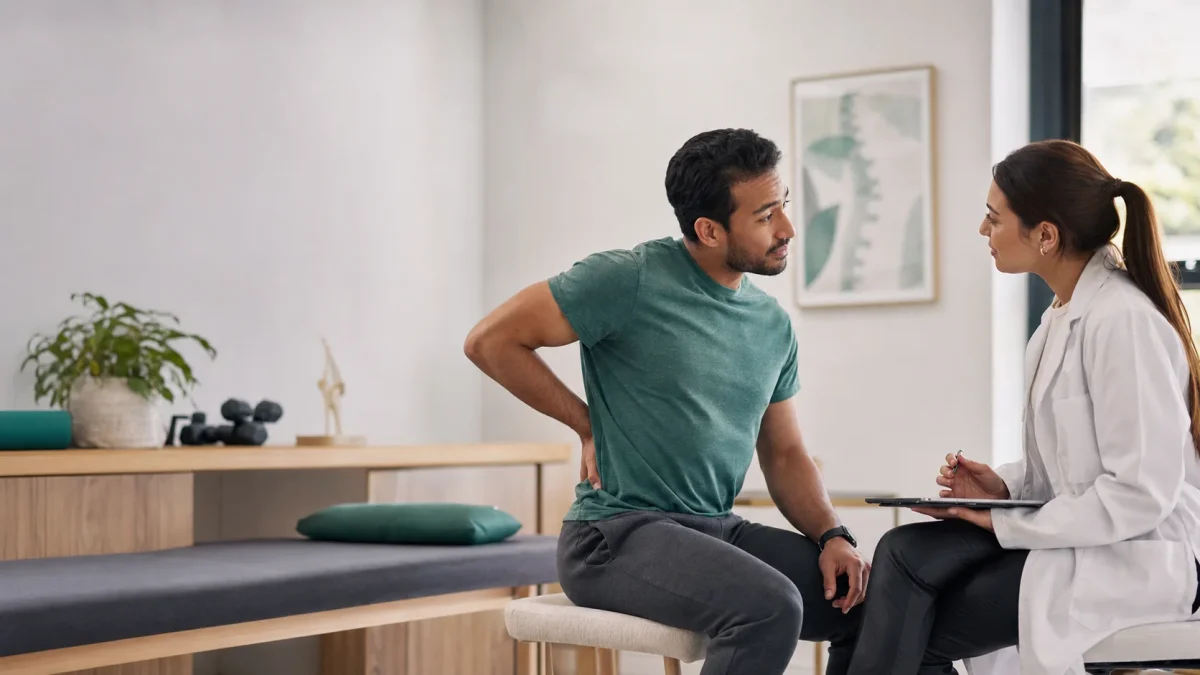 Paciente conversando con una médica durante la evaluación de dolor lumbar
