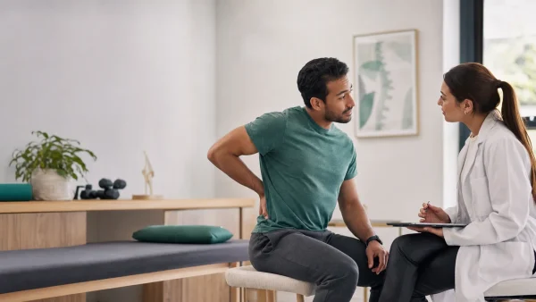 Paciente conversando con una médica durante la evaluación de dolor lumbar
