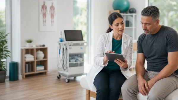 Médica y paciente revisando juntos un plan de atención para el dolor