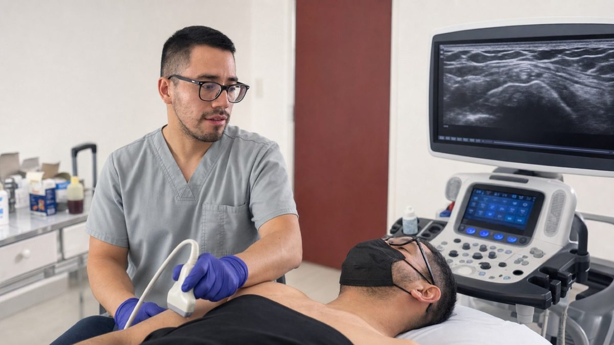 Dr. Arnold Díaz realizando una evaluación ecográfica del hombro.
