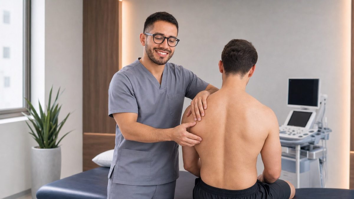Dr. Arnold Díaz evaluando puntos dolorosos en hombro y espalda.
