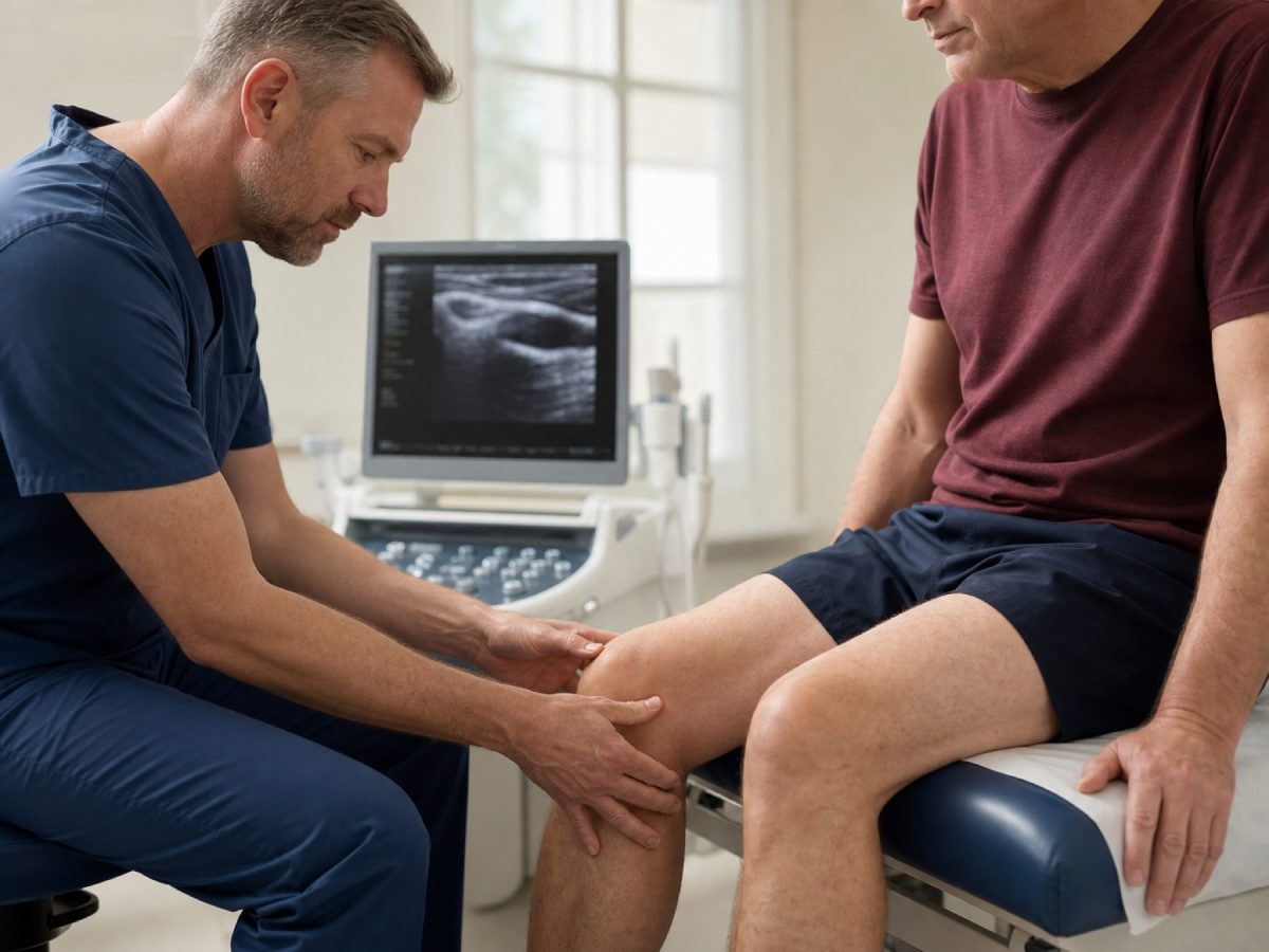 Evaluación de una rodilla con ecografía para determinar si requiere drenaje.