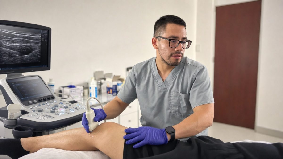 Dr. Arnold Díaz realizando una ecografía musculoesquelética de rodilla.