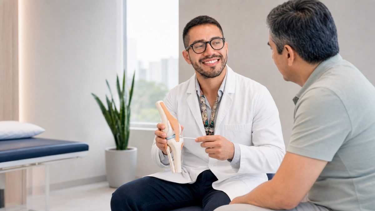 Dr. Arnold Díaz explicando opciones para el dolor de rodilla durante una consulta de ozonoterapia.