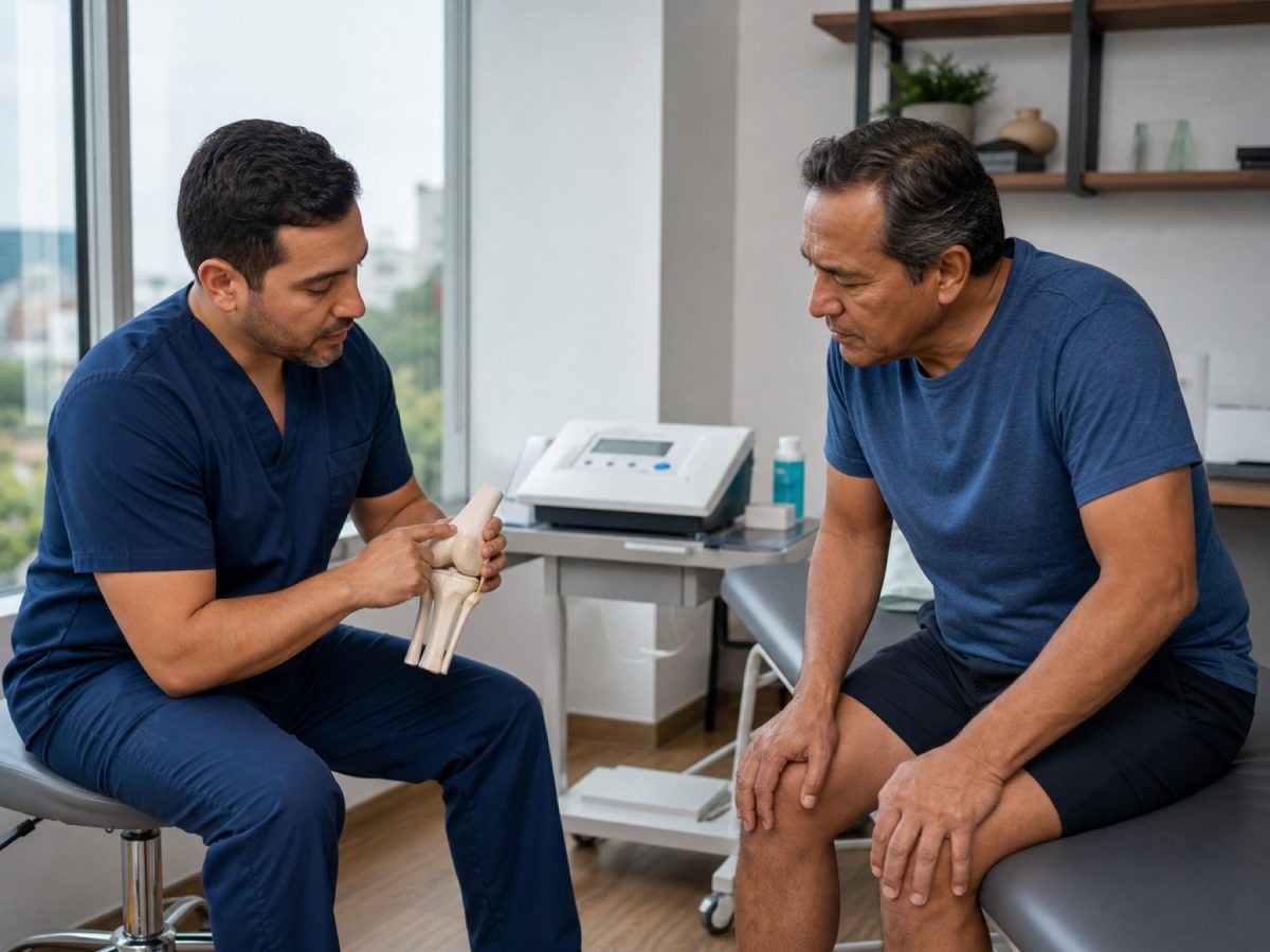 Evaluación médica de rodilla antes de definir un tratamiento para el dolor.