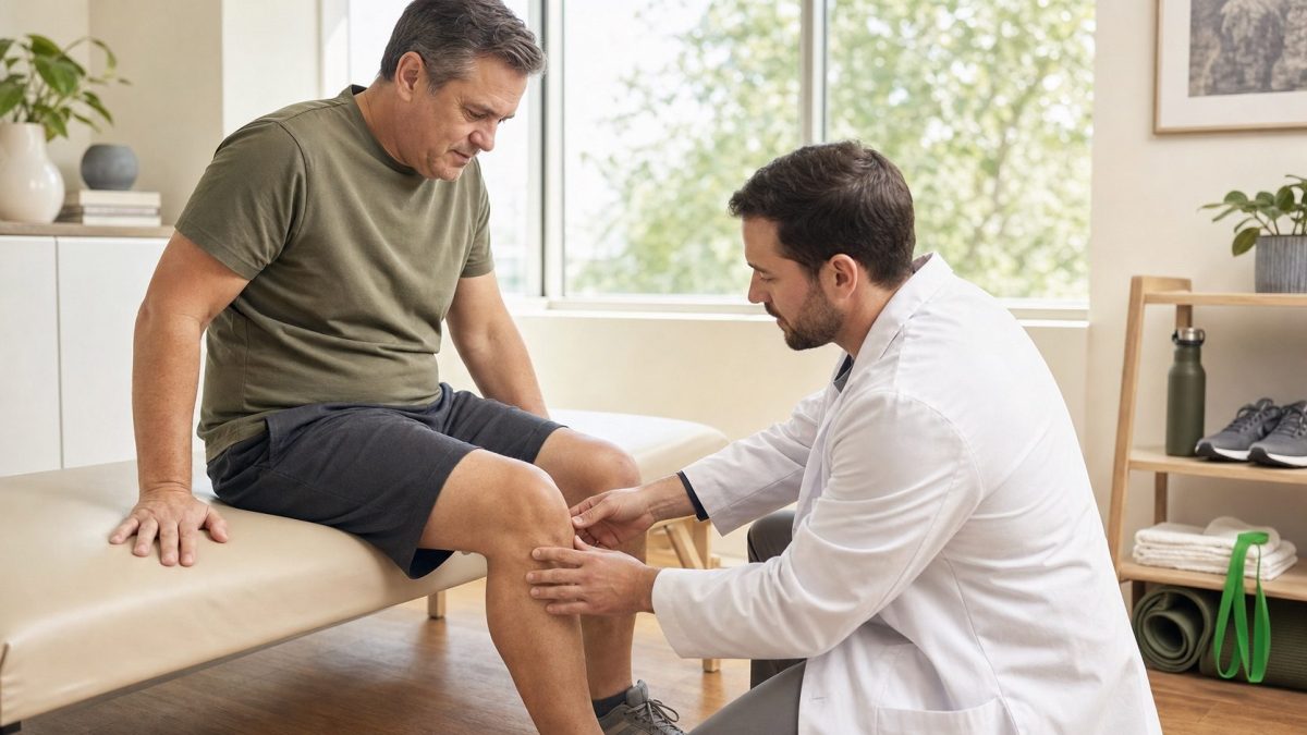 Médico evaluando la rodilla de un paciente activo con artrosis