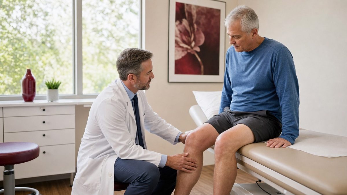 Médico comparando ambas rodillas durante la evaluación de un derrame articular