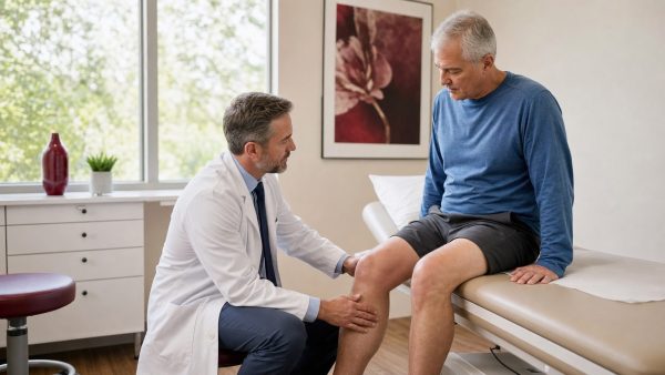 Médico comparando ambas rodillas durante la evaluación de un derrame articular