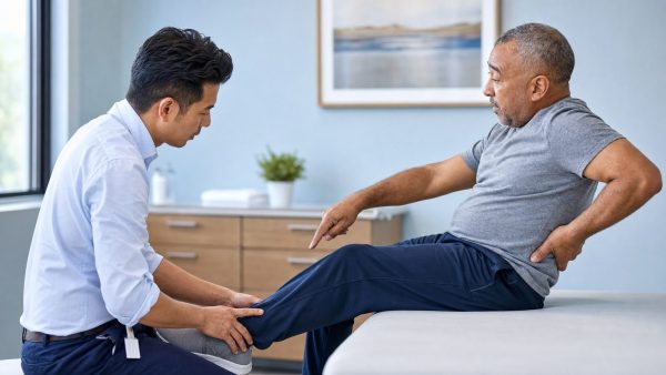 Médico evaluando la pierna de un paciente con dolor lumbar irradiado