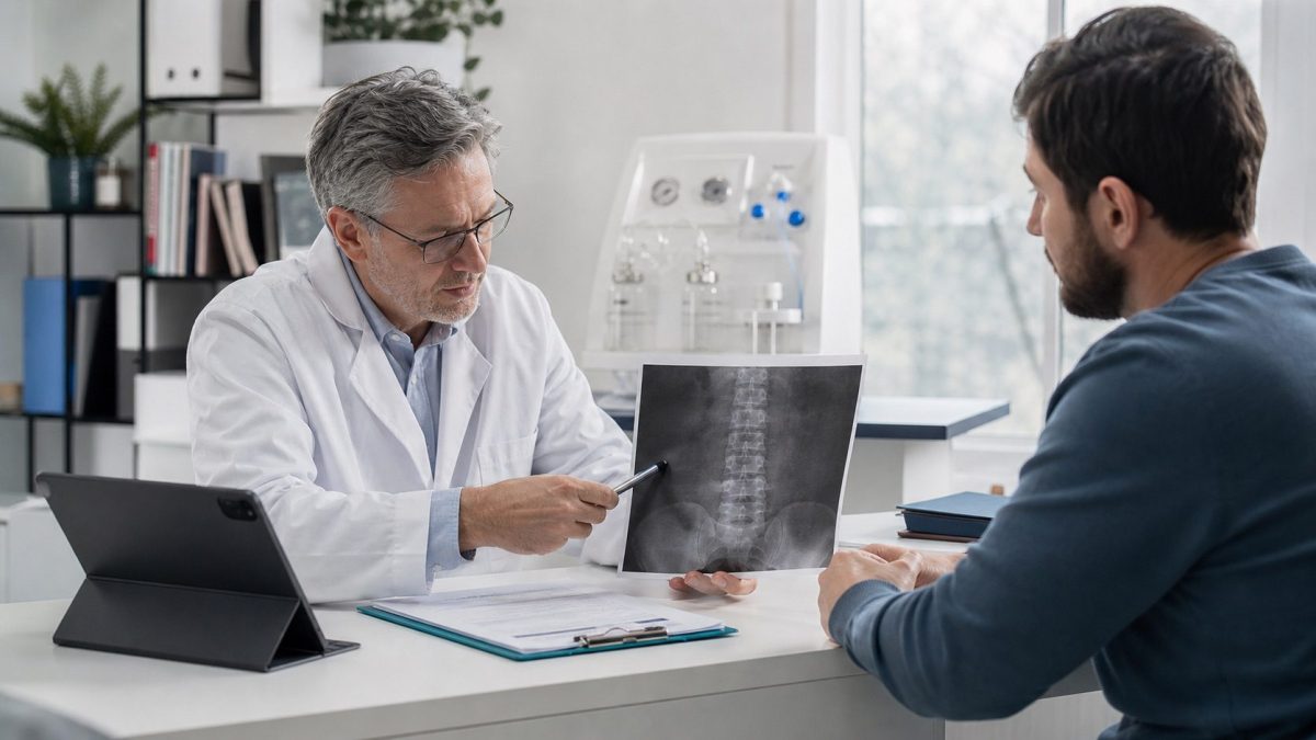 Médico y paciente revisando opciones y evidencia para tratar dolor lumbar