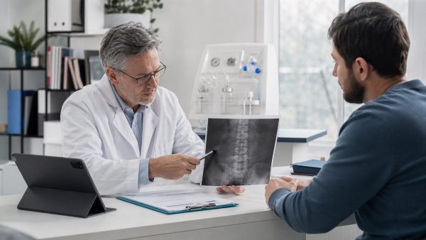 Médico y paciente revisando opciones y evidencia para tratar dolor lumbar
