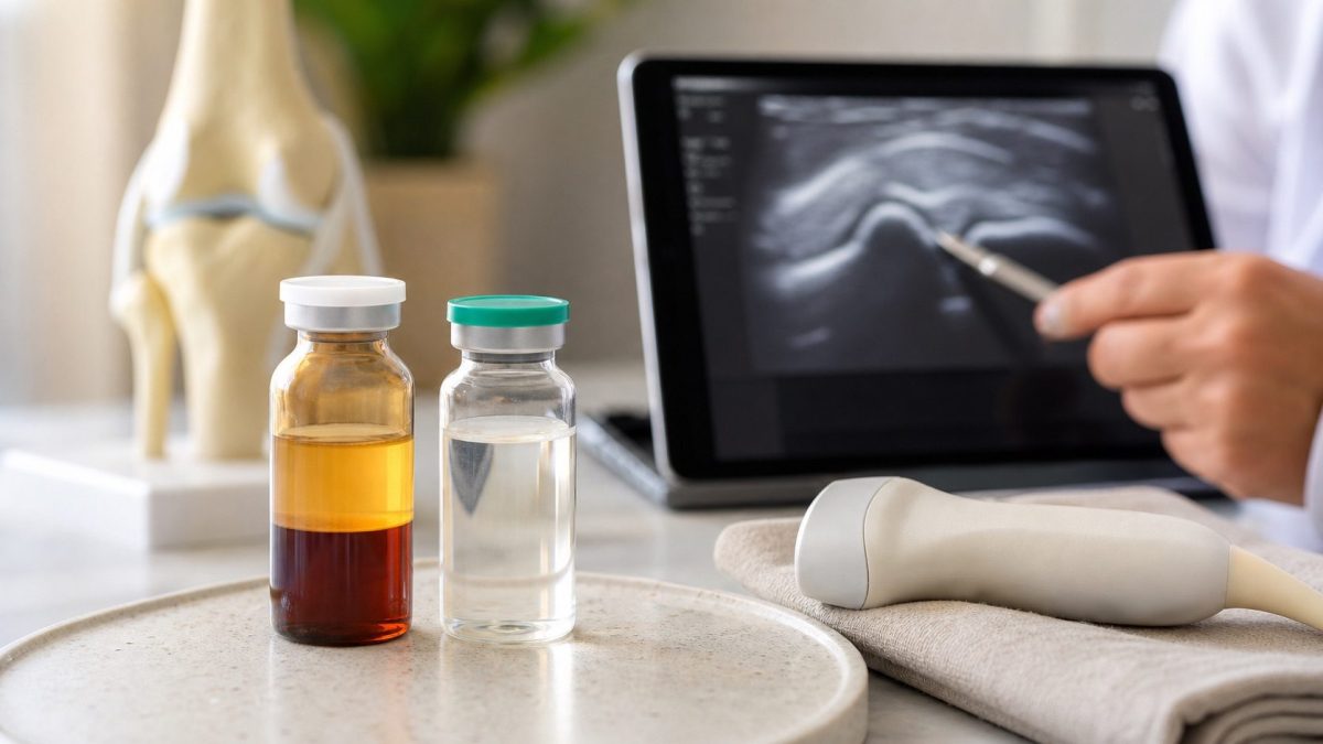 Preparaciones clínicas de PRP y ácido hialurónico junto a una ecografía de rodilla