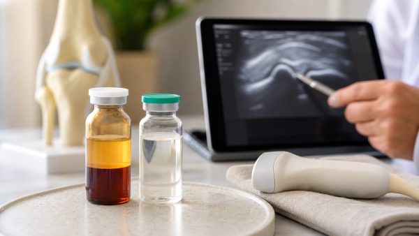 Preparaciones clínicas de PRP y ácido hialurónico junto a una ecografía de rodilla