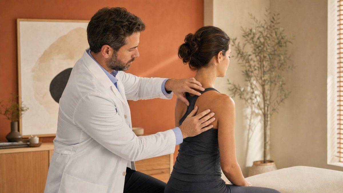 Médico evaluando puntos gatillo en la musculatura del hombro y espalda alta