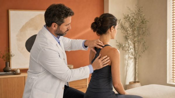 Médico evaluando puntos gatillo en la musculatura del hombro y espalda alta